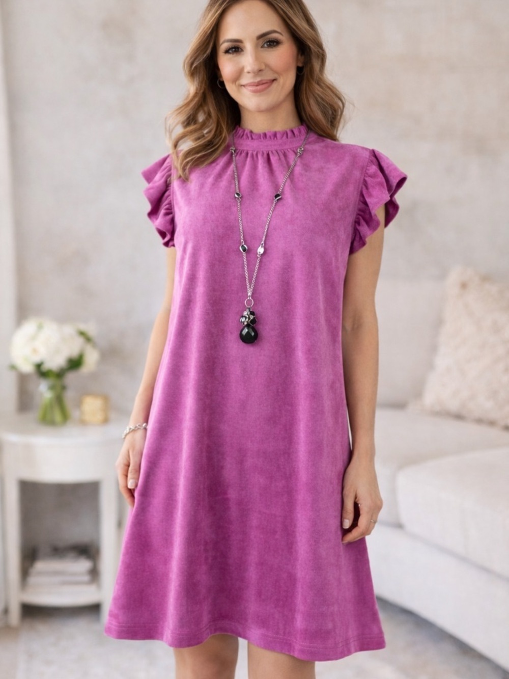 Buttery Soft Pink High Neck Ruffle Cap Sleeves Tie Back Dress by voy Size Small
